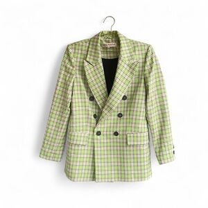 Free People Neon Lime Plaid Double Breasted Blazer – Statement Jacket – Size S